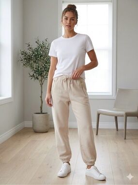 Bucket List High Rise Beige Neutral Lounge Soft Jogger Gold Zippers Size Medium